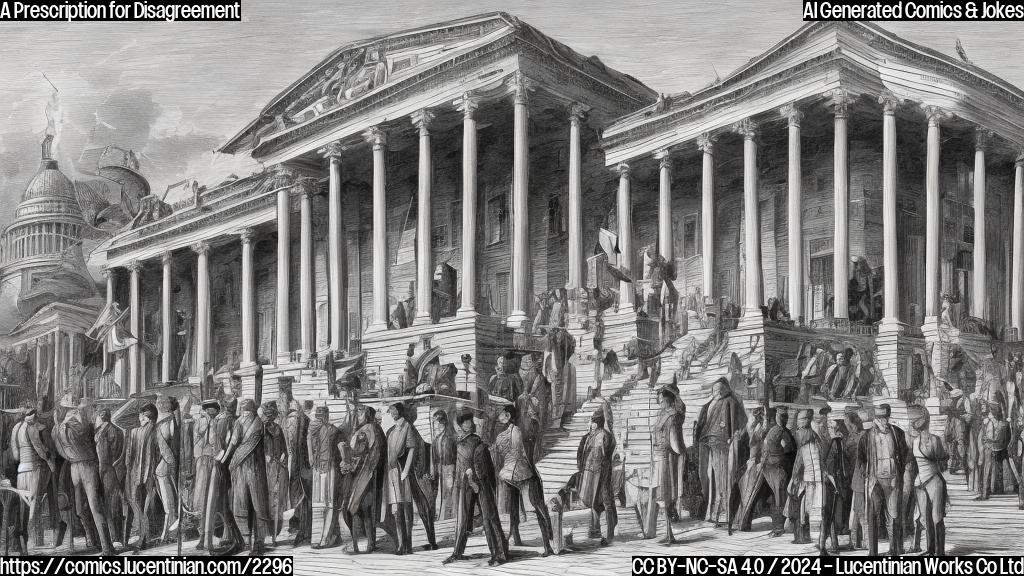 Illustration of a person with a stern expression holding a small, wooden ladder and standing in front of a large, symbolic "Congress" building with divided party lines on either side, and a few confused-looking constituents in the background.