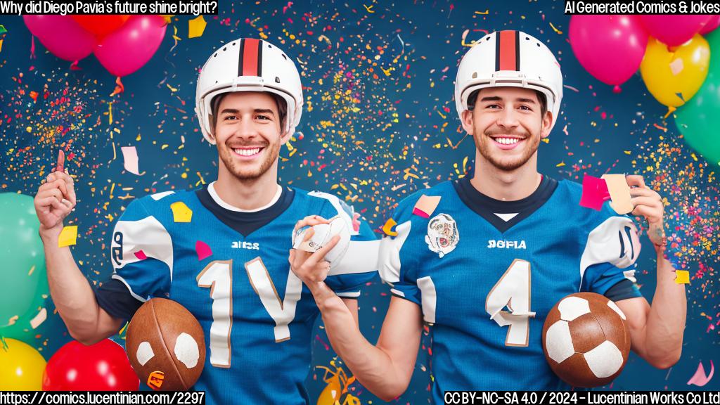 a cartoon of a smiling young man with a football helmet, holding up a calendar with the number 5 highlighted, surrounded by confetti and balloons, with a sunny background and a hint of a smile on his face.