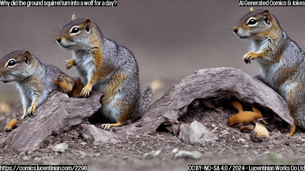 A cartoon style picture of a ground squirrel in wolf-like behavior, with sharp teeth and claws, surrounded by small rodents, looking very hungry and playful