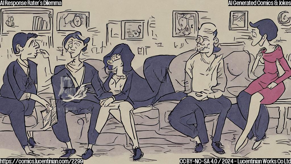 A cartoon-style image of two people, one male and one female, sitting across from each other on a couch. The man is holding a rating form in his hand, while the woman looks confused and disappointed on her face. The background is a simple gray color with a faint outline of a cityscape. Both characters are drawn in plain, bold lines and have no facial features or clothing details.