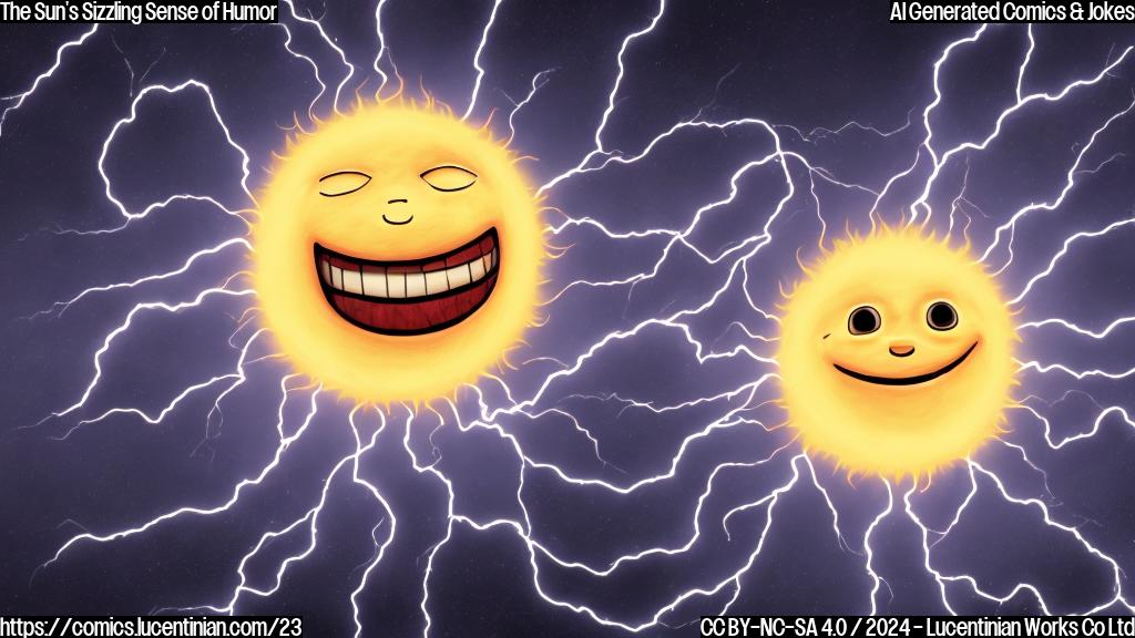 A large, cartoon-style image of the sun as a smiling, anthropomorphic character with a giant electrical charge emanating from its head. The sun should be depicted in a comical, exaggerated manner, with lightning bolts and sparks flying out of it. In the background, small, cartoon-style representations of power lines and buildings can be seen, with some of them going dark due to the solar flare. The image should have a bright, sunny color palette with bold lines and a playful tone.