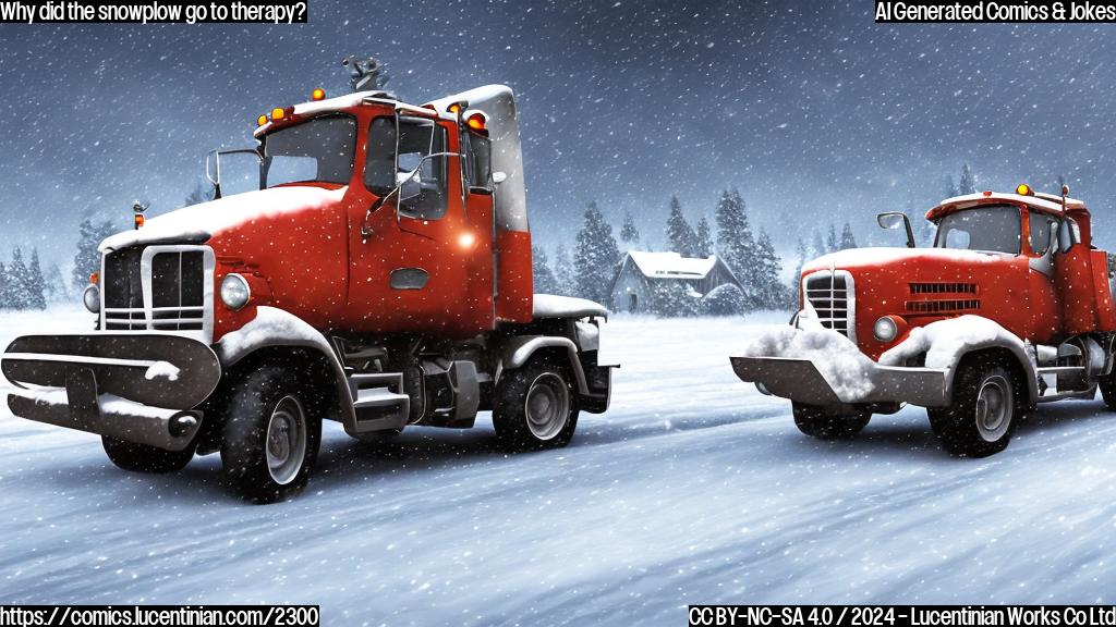 A cartoon style image of a small snowplow with a worried expression on its front, surrounded by a blur of white snow and dark skies. The plow's tracks should be visible in the foreground, with a few flakes stuck to them, as if it's just finished clearing a road.