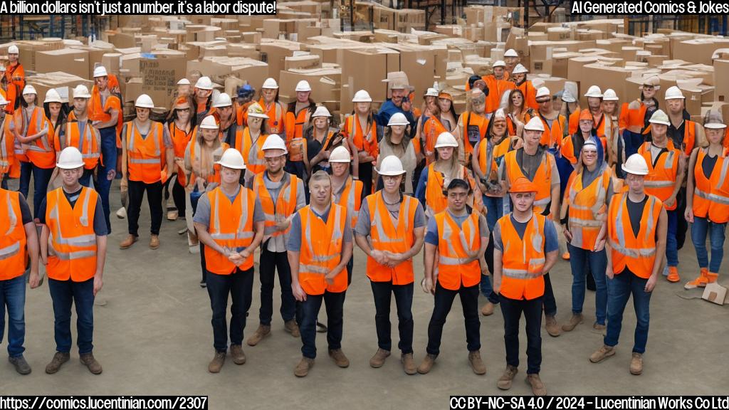 Illustrate an image of 10-15 people in orange vests with hard hats, standing together in front of a massive warehouse with a giant Amazon logo on the side. They are all holding signs that read "Fairness for Warehouse Workers" and "Amazon owes us". The workers have determined expressions on their faces, ranging from determination to frustration.