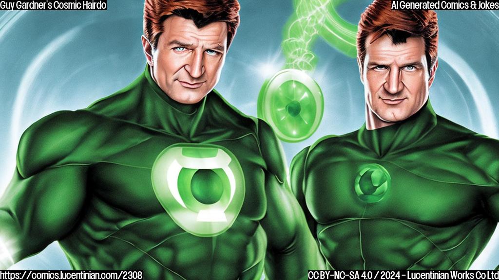 A cartoon-style image of Nathan Fillion as Green Lantern Guy Gardner with a bowl-cut hairdo, wearing a superhero suit and holding a green lantern. He is shown sitting in a doctor's office, looking concerned and slightly disheveled. The background should be a simple, muted color to focus attention on the character.