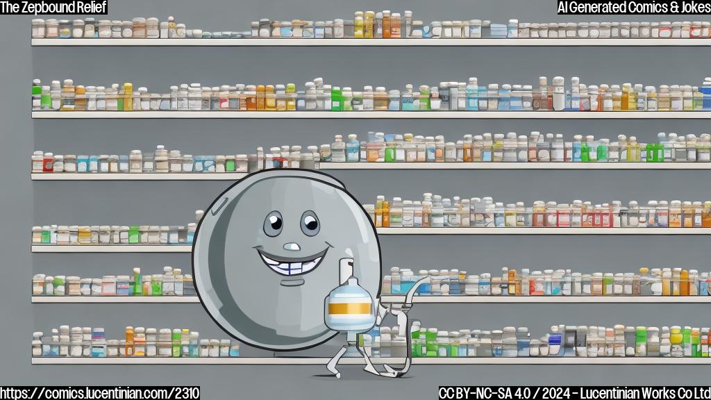 A smiling pill bottle with a weight lifted off its shoulder, surrounded by empty shelves and a few scattered pills, in a plain color cartoon style.