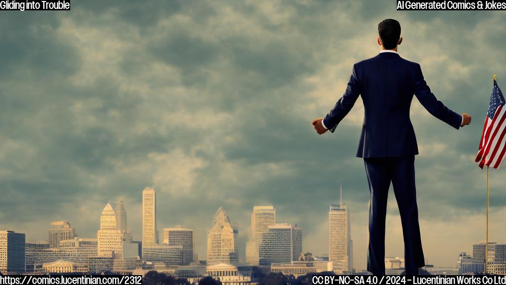 A man, wearing a suit and holding a briefcase, standing on top of a giant American flag, with a confused expression on his face. The background is a blurred Washington D.C. skyline, with multiple government buildings and a sense of chaos in the air. The color palette should be patriotic colors like red, white, and blue, but with a tone that conveys frustration and confusion.