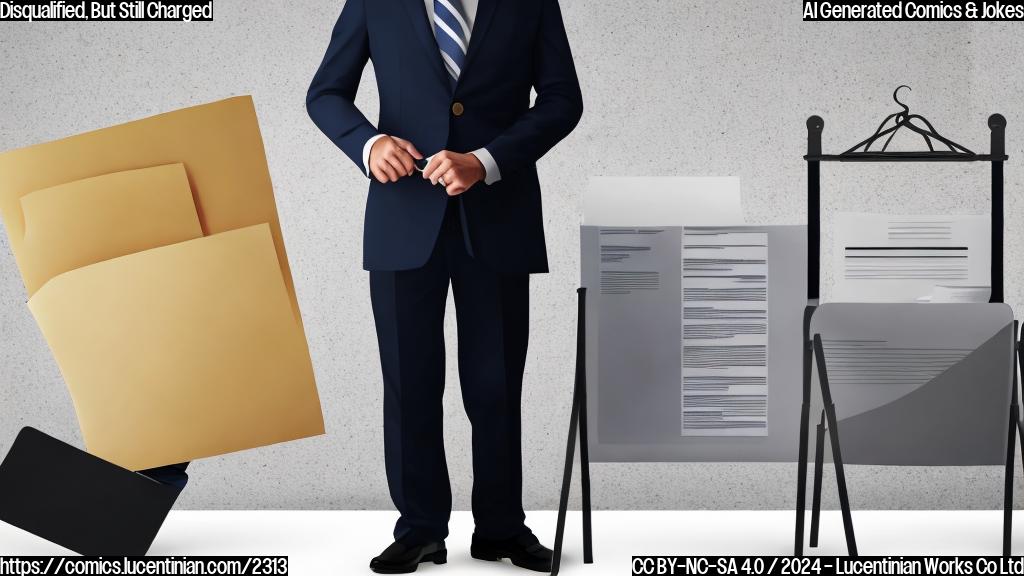 A prosecutor in a suit with a stern expression and a folder full of documents standing next to a ladder with the top step slightly raised, against a neutral-colored background.