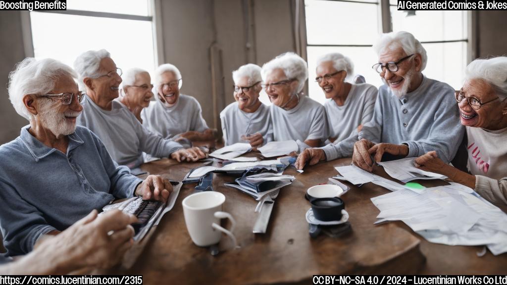 A group of elderly people, all with gray hair and wearing worn-out clothing, sitting around a table with calculators and papers, smiling at each other as they receive news that their monthly payments will increase.