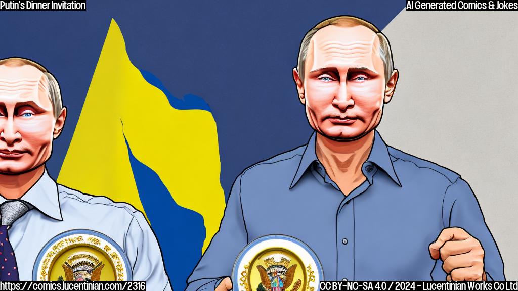 A cartoon style image of a person with a stern expression (resembling Putin) sitting in a dining chair, with another person with a confident smile (resembling Trump) standing next to them, holding a plate with a Ukrainian flag on it. The background is a simple, plain color.