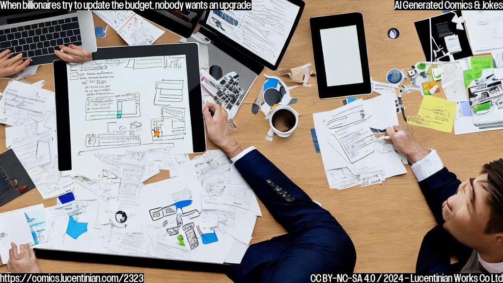 A wealthy individual sitting in front of a computer, with a puzzled expression, surrounded by papers and pens, while a giant tablet with a budget template displays on the screen behind them.