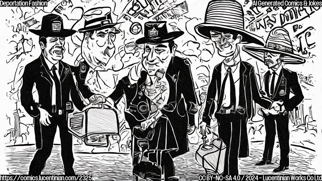 Draw a plain color cartoon style picture of a person wearing a sombrero and holding a suitcase, with a deportation officer in the background pointing at them.