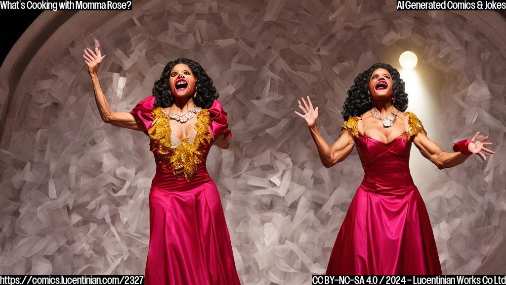 Audra McDonald as Momma Rose, a flamboyant and demanding stage mother, standing on a staircase, holding a microphone, with a confident expression. The staircase should be made of multiple steps leading up to the main stage. The color palette can include bold reds, golds, and whites to convey a sense of drama and opulence.