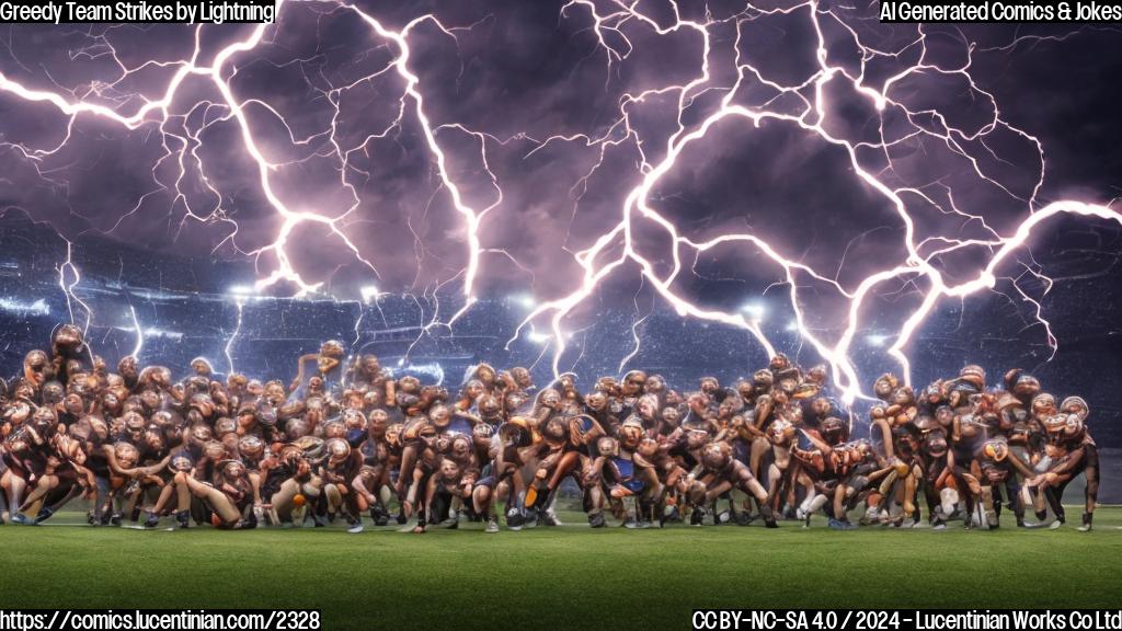 A group of football players with helmets, pads, and muscles standing in front of a lightning bolt-shaped goalpost, surrounded by a chaotic and fiery stadium scene.