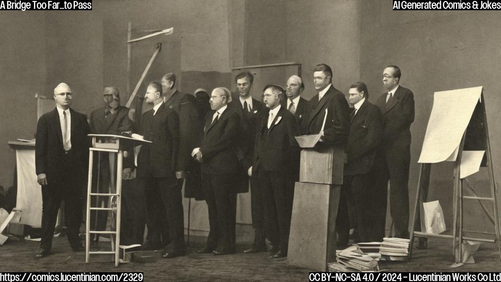 a politician standing in front of a podium with a ladder next to it, looking determined and frustrated, surrounded by defeated colleagues and scattered papers