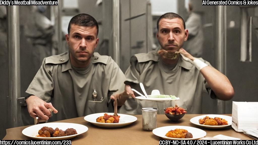 "A person in a prison uniform sits at a table with a meal tray, looking unimpressed. The tray has several meatballs on it. In the background, there is a blurred image of a prison cell door. The character's facial expression should convey disappointment and frustration."