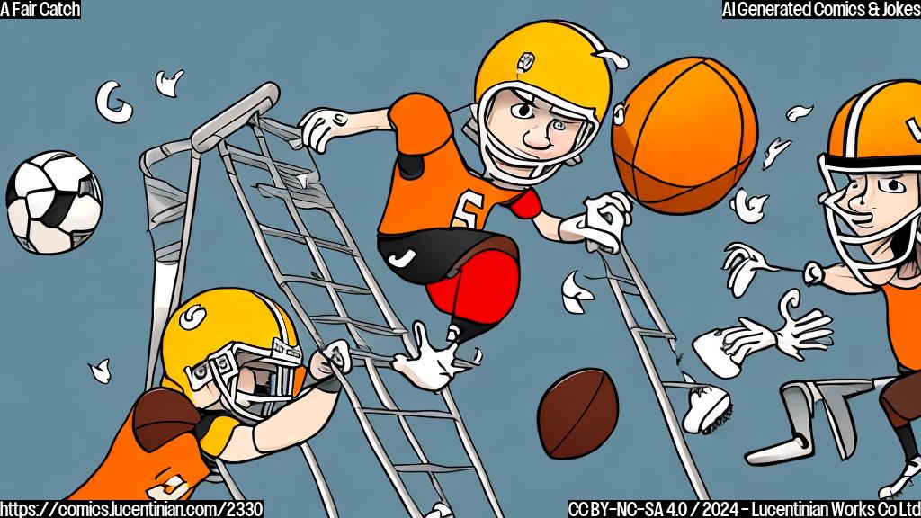 Draw a cartoon style picture of a football player standing on top of a ladder with a football in the air and a football in the goal. The player should be smiling and having fun, while the background should have football fields and fans cheering.