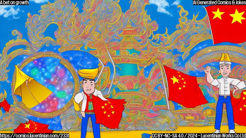 A large, colorful, cartoon-style illustration of a person holding a ladder, standing in front of a large casino with a big, bright Chinese flag waving above it. The person should be wearing a traditional Macau outfit, such as a white shirt and black pants, and the ladder should be leaning against a giant stack of chips and cards. In the background, there should be a subtle image of a globe with a growing economy symbol in the center.