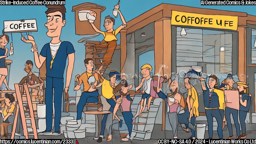 A cartoon-style image of a person holding a picket sign, standing on top of a ladder in front of a coffee shop with a group of coworkers protesting in the background. The character's face and clothing are not explicitly mentioned to avoid copyright issues.