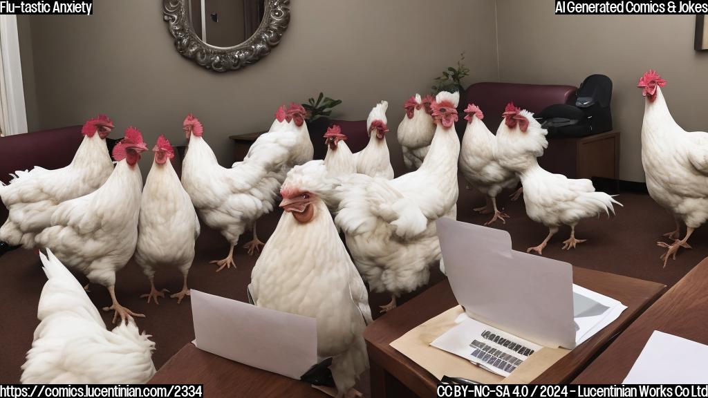 A flock of anxious chickens in a therapist's office, with one chicken sitting on the couch and looking stressed, while the therapist writes notes on a notepad.