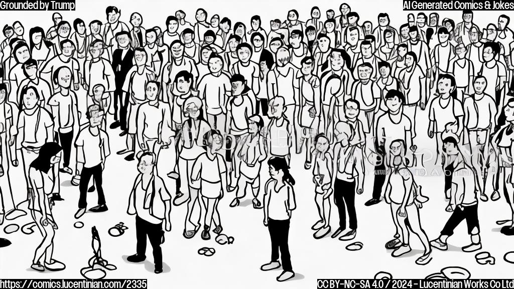 Draw a simple cartoon of a person standing on shaky ground, with a group of people in the background forming a semi-circle around them, some looking concerned and others whispering into each other's ears. The person on shaky ground has a surprised expression on their face, while those surrounding them appear to be discussing something in hushed tones. Include a faint outline of a "push" or "fall" motion arrow emanating from the group towards the person on shaky ground.