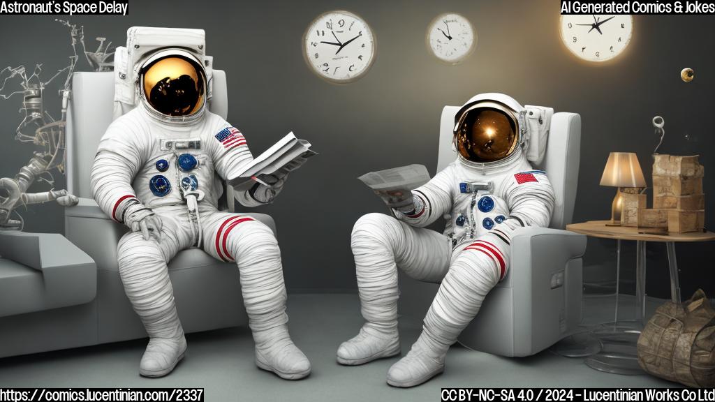 a astronaut sitting on the couch with a calendar in hand, looking confused and a clock ticking away in the background