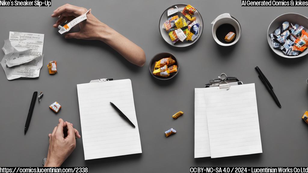 A person sitting at a desk with papers and pens, wearing a Nike jacket and holding a small bag of snacks, looking worried. The background is a simple, muted gray color.