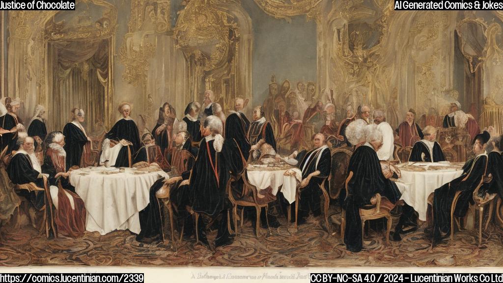 A group of people in formal robes, with one person wearing a judicial crown and another holding a plate of chocolate cake. The judge is gesturing towards the plate as if scolding someone.