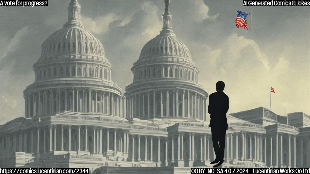 A cartoon of a lone politician standing on top of a small step, with a determined look on his face, while the US Capitol Building can be seen in the background, with a faint image of a "one-vote package" banner hanging from its roof. The politician is holding a small ladder and pointing upwards towards the sky.