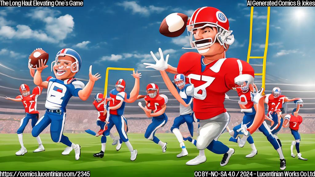 Draw a cartoon of a smiling football player holding onto a ladder, with a stadium in the background and a big crowd cheering. The ladder should be placed under the football player's body, emphasizing its connection to their performance.