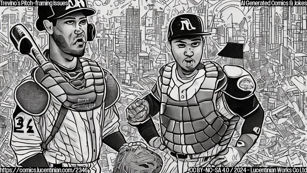 Draw a cartoon of a baseball player (Jose Trevino) with a speech bubble, surrounded by broken framing pieces and a cityscape with a "downhill" path. The catcher's gear should be in disarray, and his expression should convey disappointment and uncertainty about his future.