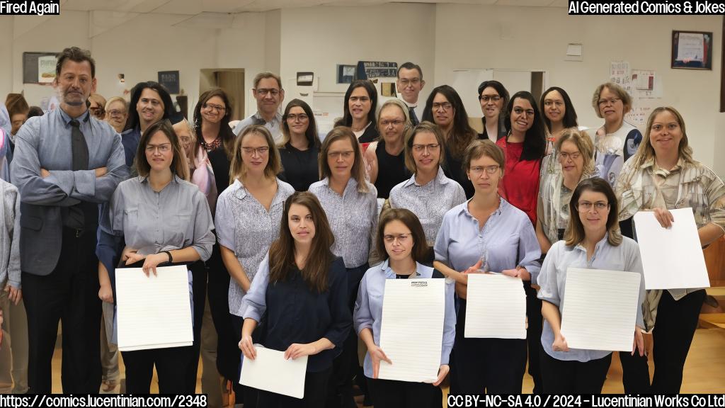 a stern-looking board member with a clipboard and a group of teachers and parents in the background, all looking concerned and holding papers