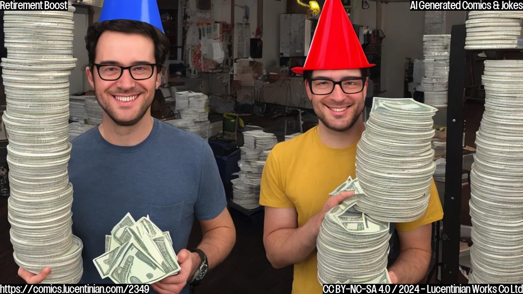 a smiling person with glasses, holding a large stack of money, standing next to a ladder with a party hat on top