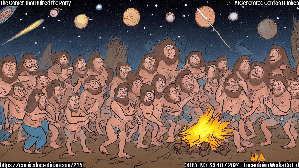 Draw a cartoon-style illustration of a group of Neanderthals gathered around a fire, looking up at the sky in awe as a comet zooms by. The comet should be depicted with bright tail and glowing core, surrounded by stars and planets in the background. Include some funny expressions on the faces of the Neanderthals, such as surprise, excitement, and fear.