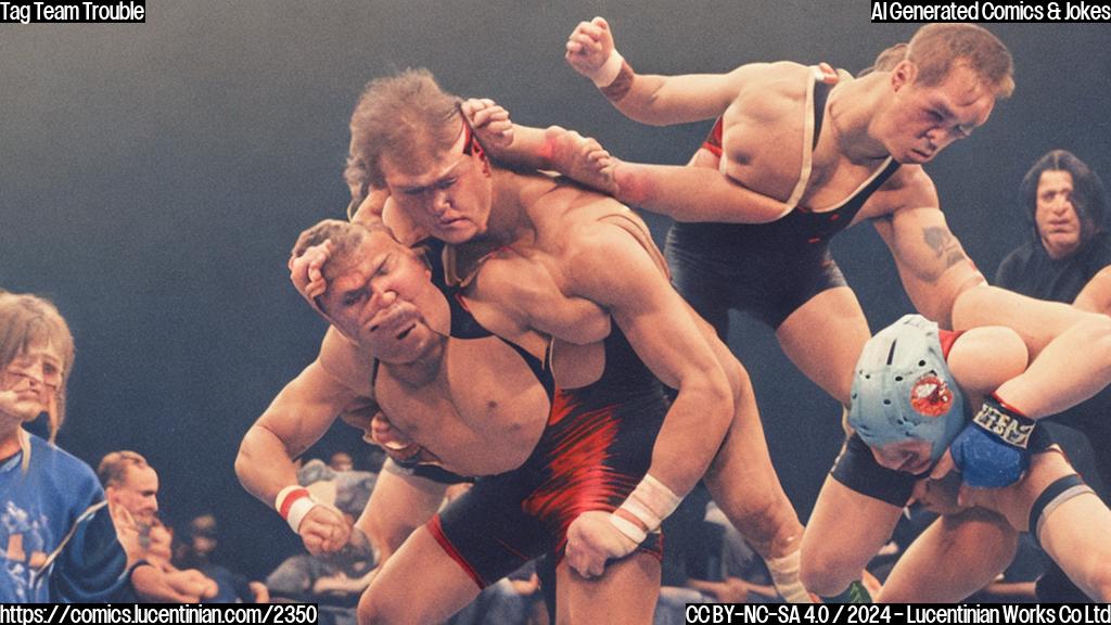 Two wrestlers standing back-to-back, with one holding a heart-shaped tag above their head, and the other looking frustrated in the background, amidst a blurred wrestling ring. Both are wearing sports jerseys and have determined expressions.