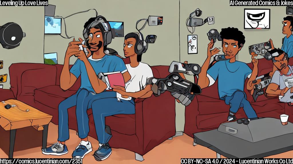 A cartoon of a man sitting on a couch, surrounded by gaming controllers and consoles, with a frustrated expression on his face. He's holding a "do not text me" sign, while the woman in question is shown in the background playing sports games on her own console, with a determined look on her face and a controller in hand.