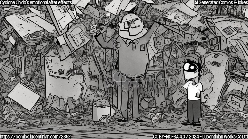 Draw a cartoon of a person with a thought bubble, wearing a therapist's badge, surrounded by wind-blown debris and shattered metal shacks, with a confused expression on their face.