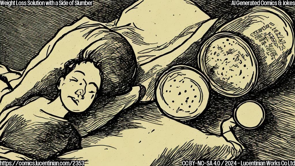 A cartoon of a person lying in bed with a thought bubble above their head, containing an image of a scale weighing slightly over the limit, and next to them, a pill bottle with a sleepy face on its label.