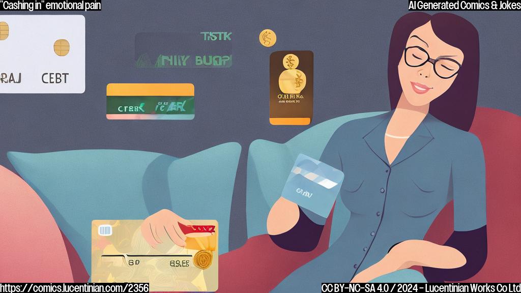 Draw a cartoon of a person (a woman) sitting on a therapist's couch, with a money bag and credit card lying next to her. The background should have a blurred image of a cityscape with skyscrapers and a subtle "payment network" logo.