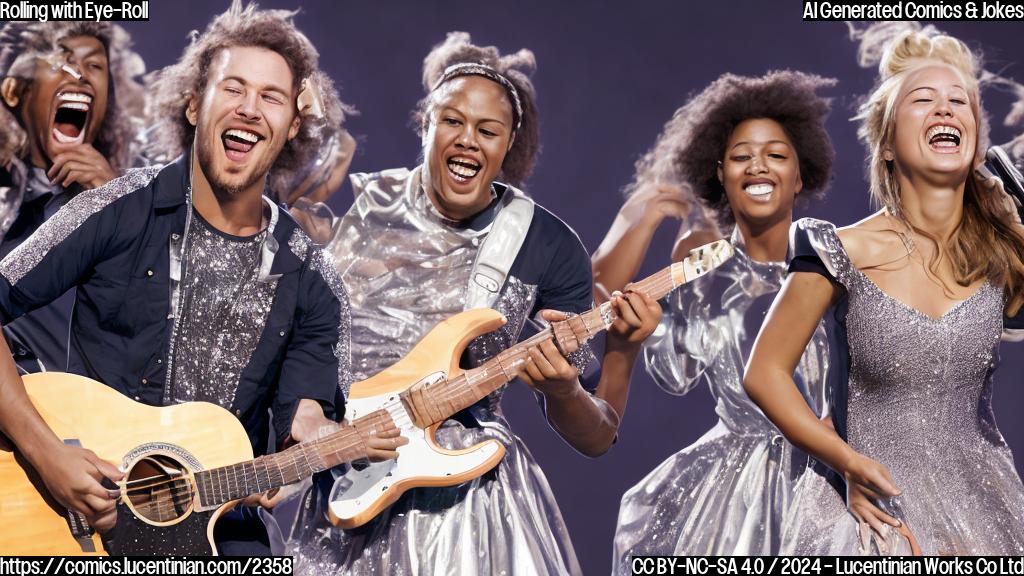 Illustrate two people sitting next to each other in a sports stadium, one wearing a football helmet and holding a microphone, and the other wearing a sparkly dress and a guitar. The football player has a slightly rolled-up eye, while the singer has her own eyes closed, as if rolling with laughter or in amusement.