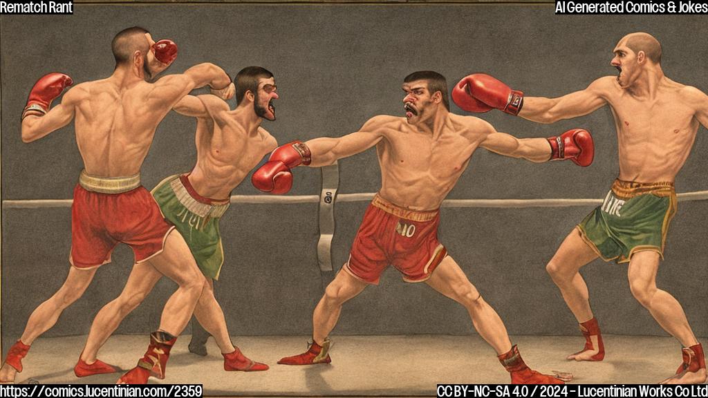 Two boxers, one shouting insults at the other from across the ring. The boxer being insulted has a prominent nose and a somewhat angular face with thick eyebrows. The shouter has a scruffy beard and looks unimpressed while throwing up his fists in anger.