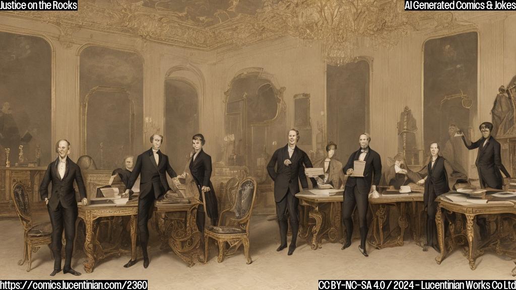 A group of people, two men in suits, and one woman in a suit standing in front of a table with a ledger book. One man is holding a pen, while the other looks confused, and the woman has a stern expression. The background is a large, ornate room with a high ceiling.