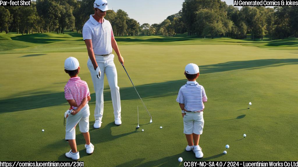 A golfer and his son, both wearing matching outfits with golf balls on their shirts, walking together on the green towards an open hole with a slight incline in the background. The father has a determined look on his face, while the son appears excited. The sun is shining down on them, casting a warm glow over the scene.