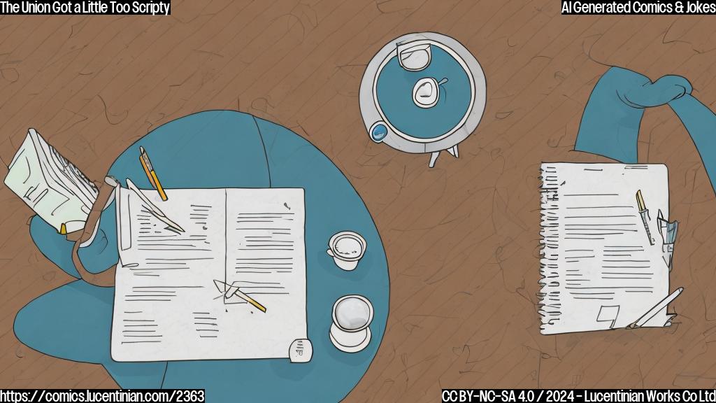 Illustration of a cartoon writer in a therapist's chair, with a puzzled expression and a scribbled-out contract on the floor. The therapist is a stylized, simple shape with a kind smile, surrounded by scribbled notes and coffee cups.