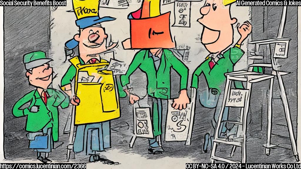 Draw a plain color cartoon style picture of a mail carrier (a person in a postal uniform, carrying a mailbag) standing on a ladder with a big check coming out of it, smiling and holding a party hat.