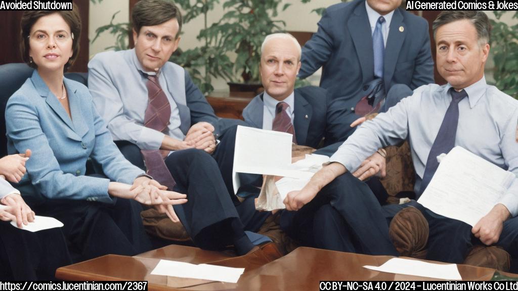 Two politicians from different parties sitting on a couch, looking stressed and holding hands, with a calendar on the coffee table displaying March 14th. The background is a blurred image of a divided government in session.