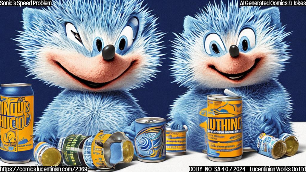 A cartoon of a blue anthropomorphic hedgehog with a worried expression, sitting on a therapist's couch surrounded by empty energy drink cans and speedometers.