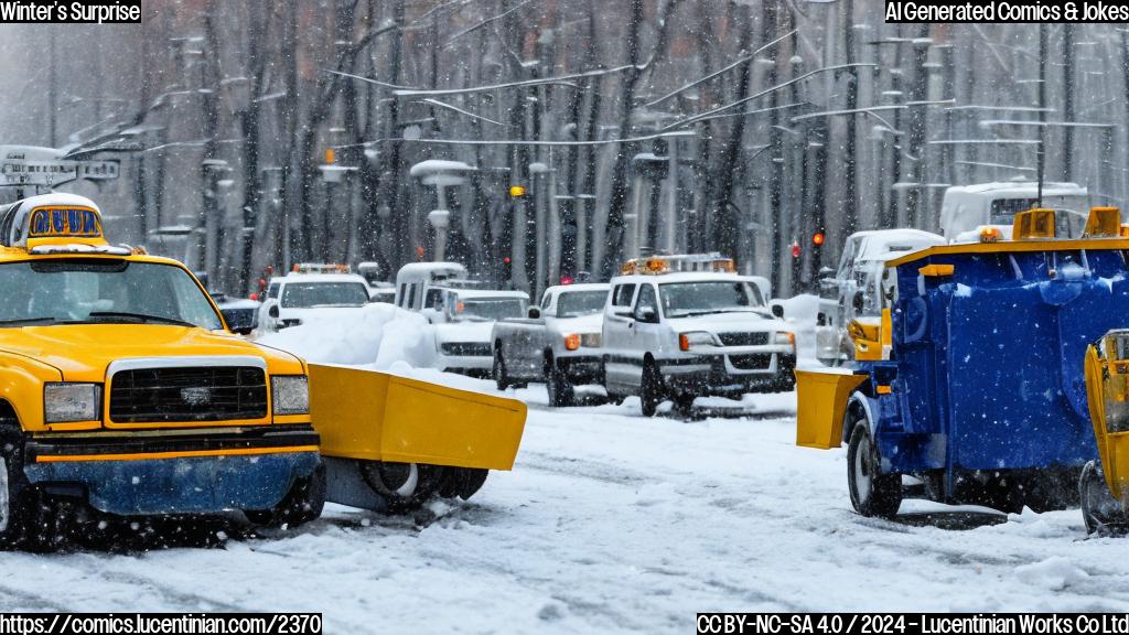 A small, blue, snowplow with a yellow cab, standing in front of a white, icy road, with a few snowflakes floating around it. The snowplow has a worried expression on its face and is holding a small, ice-filled bucket.