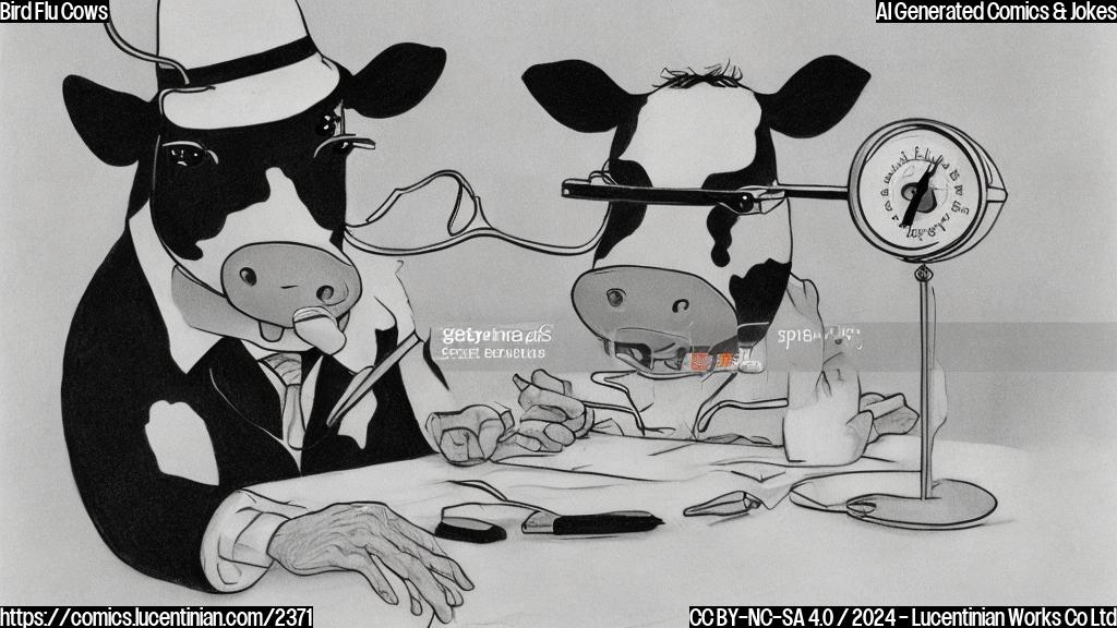 Draw a cartoon style picture of a cow sitting on a doctor's examination table, with a thermometer in its mouth and a worried expression. The cow is wearing a pair of sunglasses and a fedora hat.