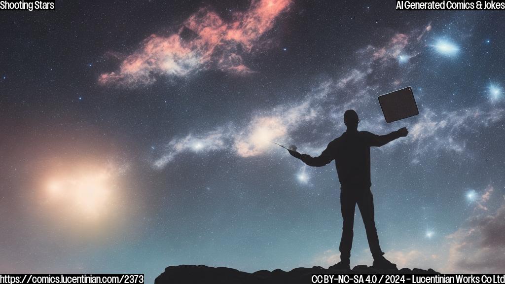 "A human figure with a tablet in hand, looking upwards at a dark night sky with stars and a bright meteor streaking across it. The background is a deep shade of blue with some orange hues."