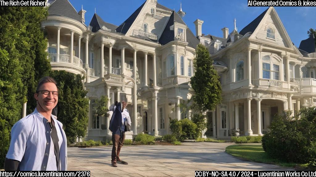 a rich person standing in front of a large mansion, holding a ladder and smiling at it, with a massive amount of money and riches surrounding them